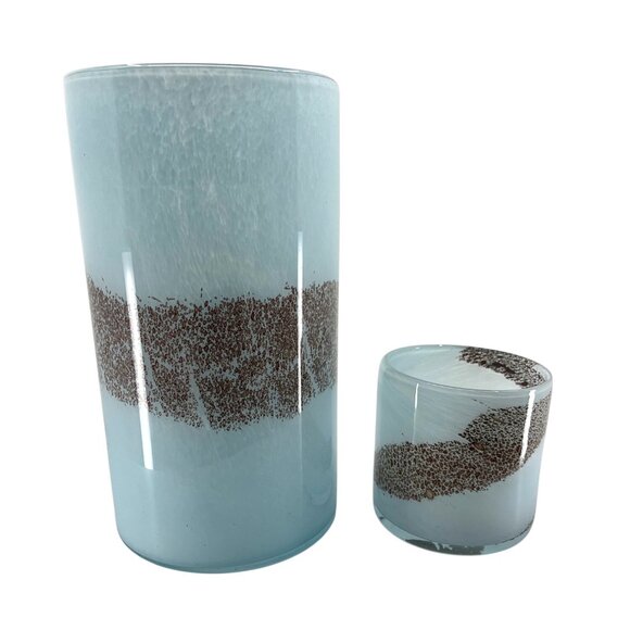 Handcrafted Blue & Copper Brown Art Glass Votive Candle Set: 10" and 4" Tall - Picture 3 of 16